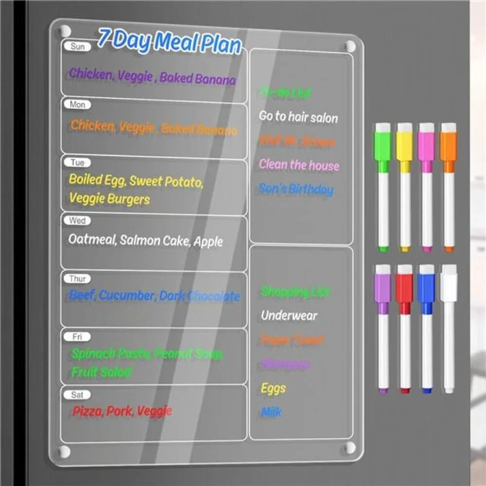 Acrylic Meal Planner Magnetic Menu Board for Kitchen Fridge w/Markers, Clear